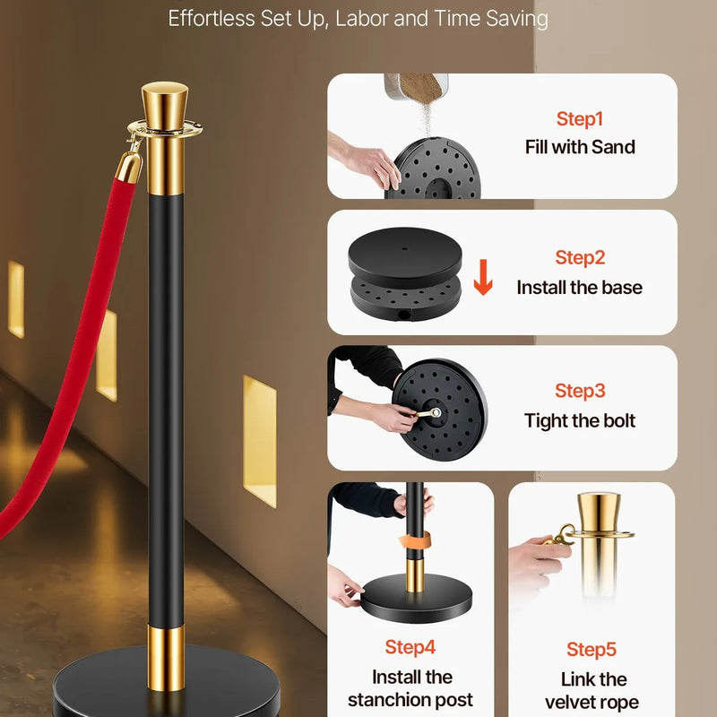 VEVOR barjeras stabi 6 gab., rindas organizēšanas sistēma ar 4 sarkanām samta virvēm, melni nerūsējošā tērauda stabi ar smiltīm pildāmu pamatni, piemēroti teātriem, pasākumiem, kāzām un izstādēm