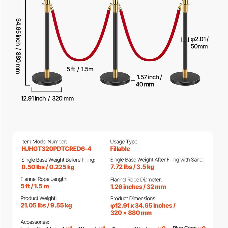 VEVOR barjeras stabi 6 gab., rindas organizēšanas sistēma ar 4 sarkanām samta virvēm, melni nerūsējošā tērauda stabi ar smiltīm pildāmu pamatni, piemēroti teātriem, pasākumiem, kāzām un izstādēm