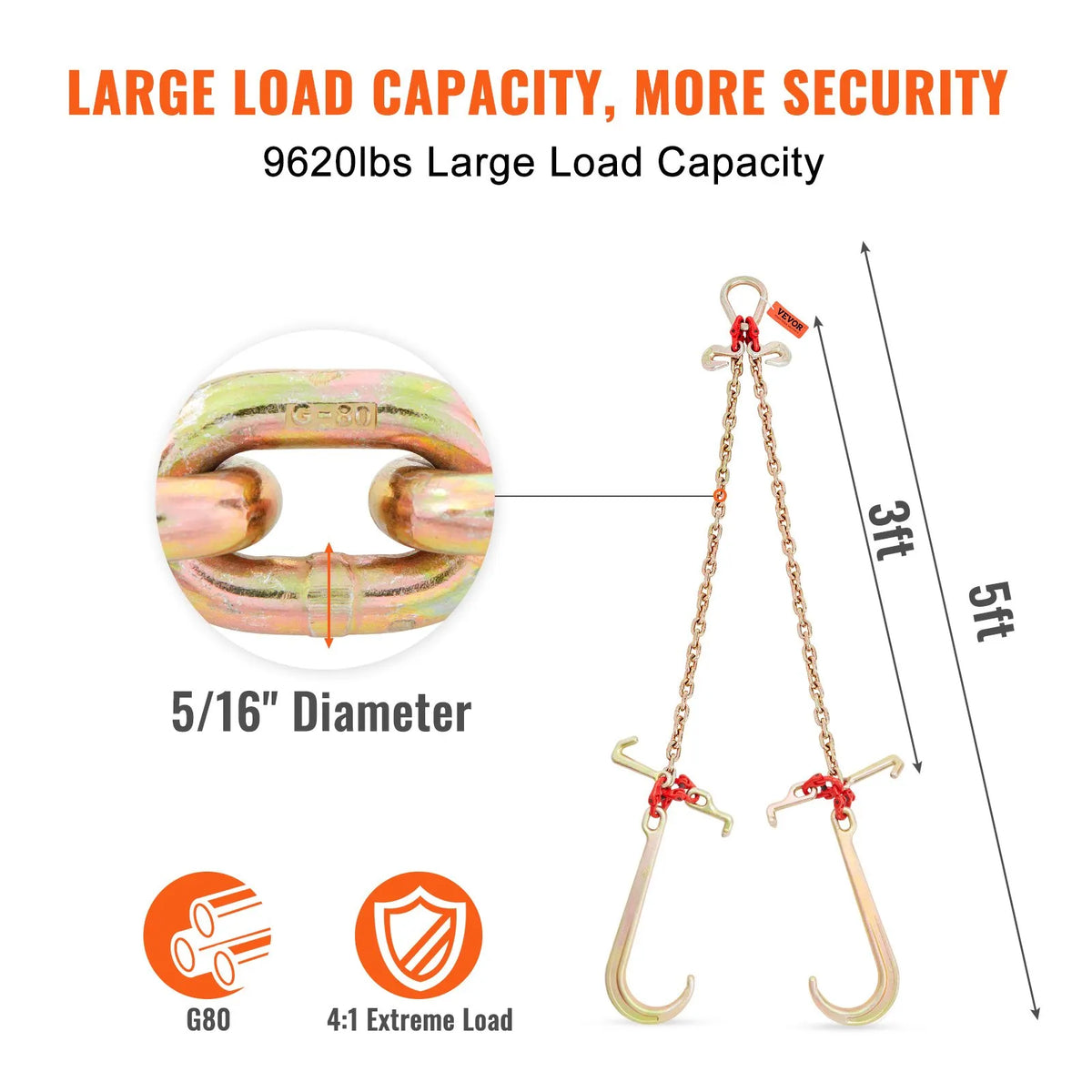 V-shaped chain slings, 4 360 kg working load limit, 8 mm x 0.9 m G80 pulling chain with RTJ hook kit, DOT certified, galvanised coating, manganese steel and D-shaped shackle, suitable for lifting and moving operations