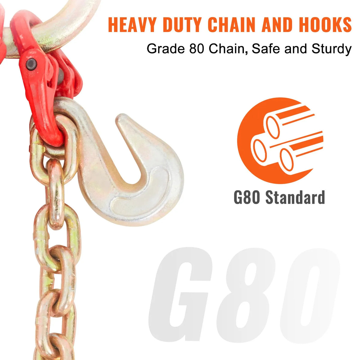 V-shaped chain slings, 4 360 kg working load limit, 8 mm x 0.9 m G80 pulling chain with RTJ hook kit, DOT certified, galvanised coating, manganese steel and D-shaped shackle, suitable for lifting and moving operations
