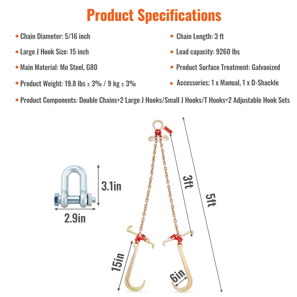 V-shaped chain slings, 4 360 kg working load limit, 8 mm x 0.9 m G80 pulling chain with RTJ hook kit, DOT certified, galvanised coating, manganese steel and D-shaped shackle, suitable for lifting and moving operations