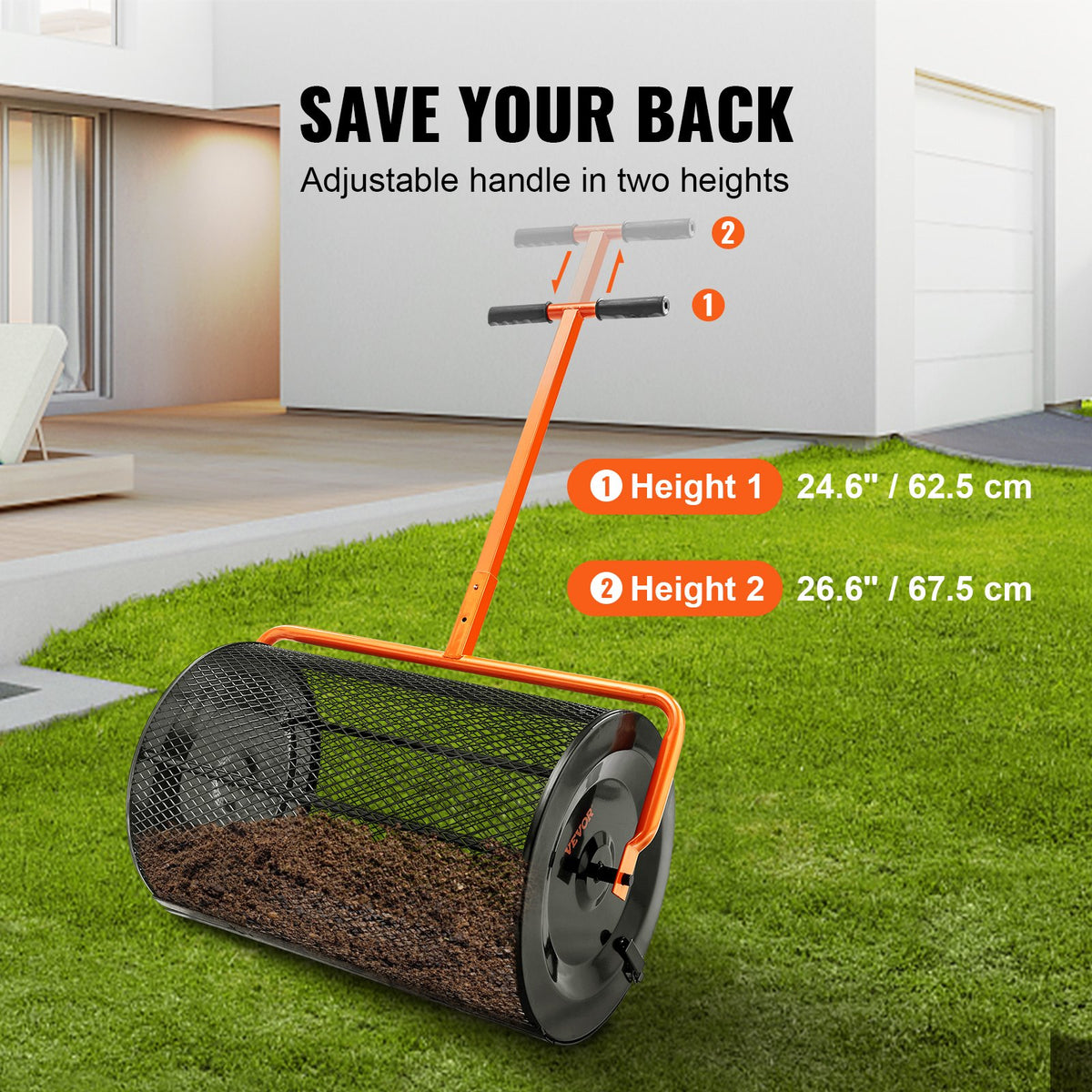 VEVOR Compost Spreader, Adjustable Handle 62–65 cm, 61 cm Width, Powder-Coated Steel Mesh Basket, for Manure, Soil, Compost Distribution
