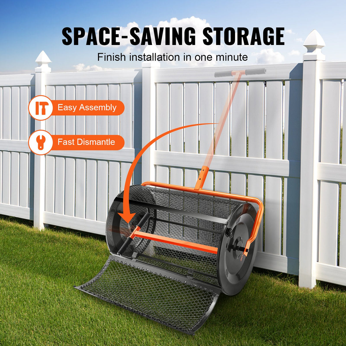 VEVOR Compost Spreader, Adjustable Handle 62–65 cm, 61 cm Width, Powder-Coated Steel Mesh Basket, for Manure, Soil, Compost Distribution