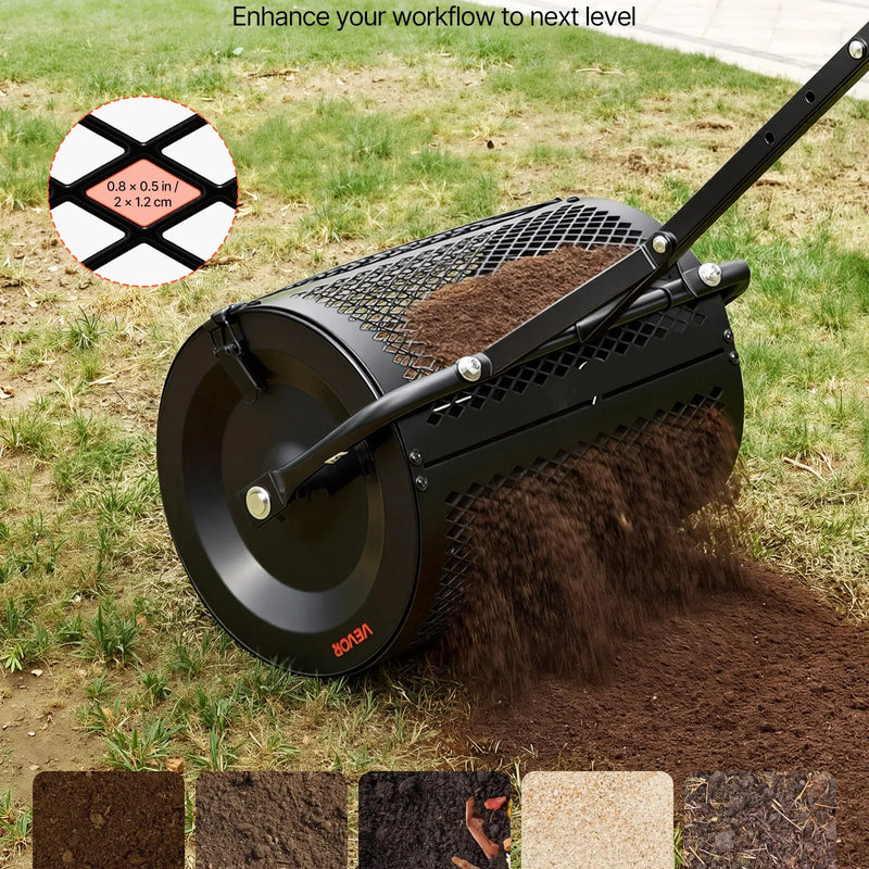 VEVOR komposta izkliedētājs 42 cm ar T veida rokturi, 3 augstuma regulēšanas līmeņi, pulverkrāsots tērauda kūdras sūnu rullis zāliena sēšanai, melns