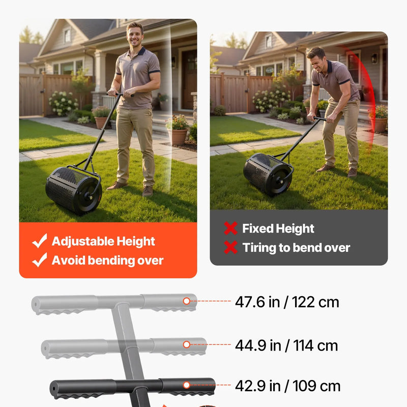 VEVOR komposta izkliedētājs 42 cm ar T veida rokturi, 3 augstuma regulēšanas līmeņi, pulverkrāsots tērauda kūdras sūnu rullis zāliena sēšanai, melns