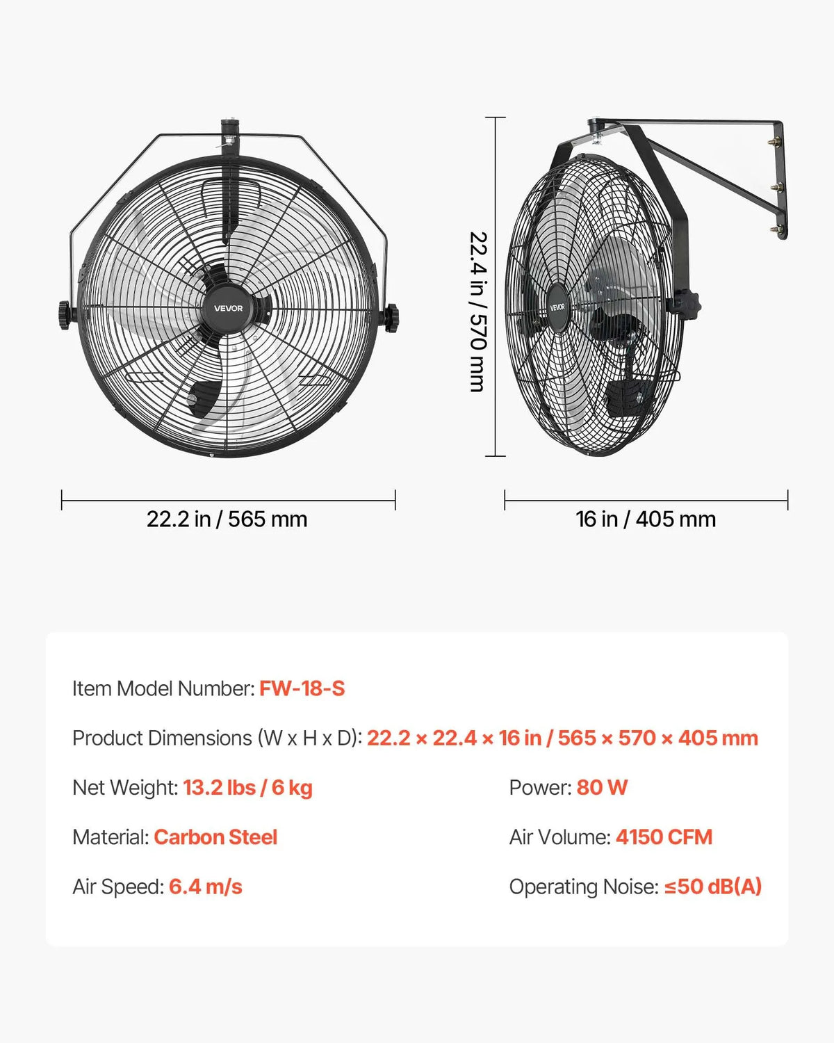 VEVOR seinaventilaator, 450 mm, IP44, 3 kiirust, suur õhuvoolu ulatus, reguleeritav pöördenurk, võimas, tööstuseks, äripindadele, garaažidesse, töökodadesse ja spordisaalidesse