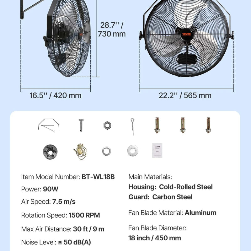 Rūpnieciskais sienas ventilators 44,6 cm, 3 ātrumi