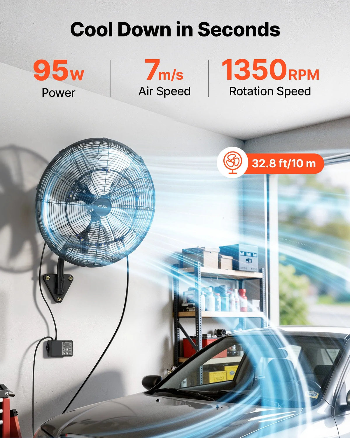 VEVOR Wall Fan, 505mm, with Oscillation and Misting Function, Remote Control, IP44, 3 Speeds, 18h Timer, Temperature Control, for Industrial, Commercial, Garage, Workshop and Gym Use