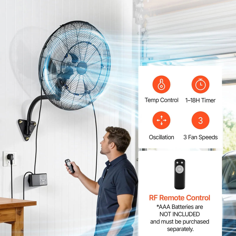 VEVOR sienas ventilators, 505mm, ar svārstību un miglas funkciju, tālvadības pulti, IP44, 3 ātrumi, 18h taimeris, temperatūras kontrole, rūpniecībai, komerctelpām, garāžām, darbnīcām un sporta zālēm