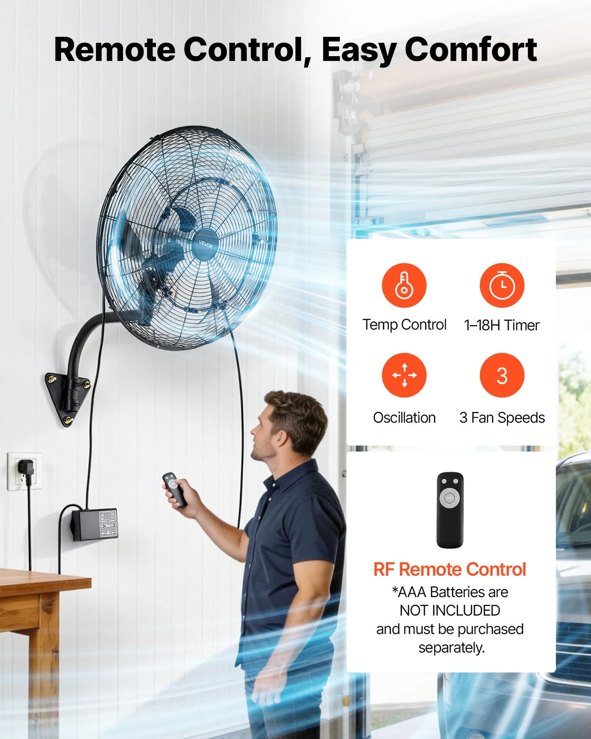 VEVOR Wall Fan, 505mm, with Oscillation and Misting Function, Remote Control, IP44, 3 Speeds, 18h Timer, Temperature Control, for Industrial, Commercial, Garage, Workshop and Gym Use
