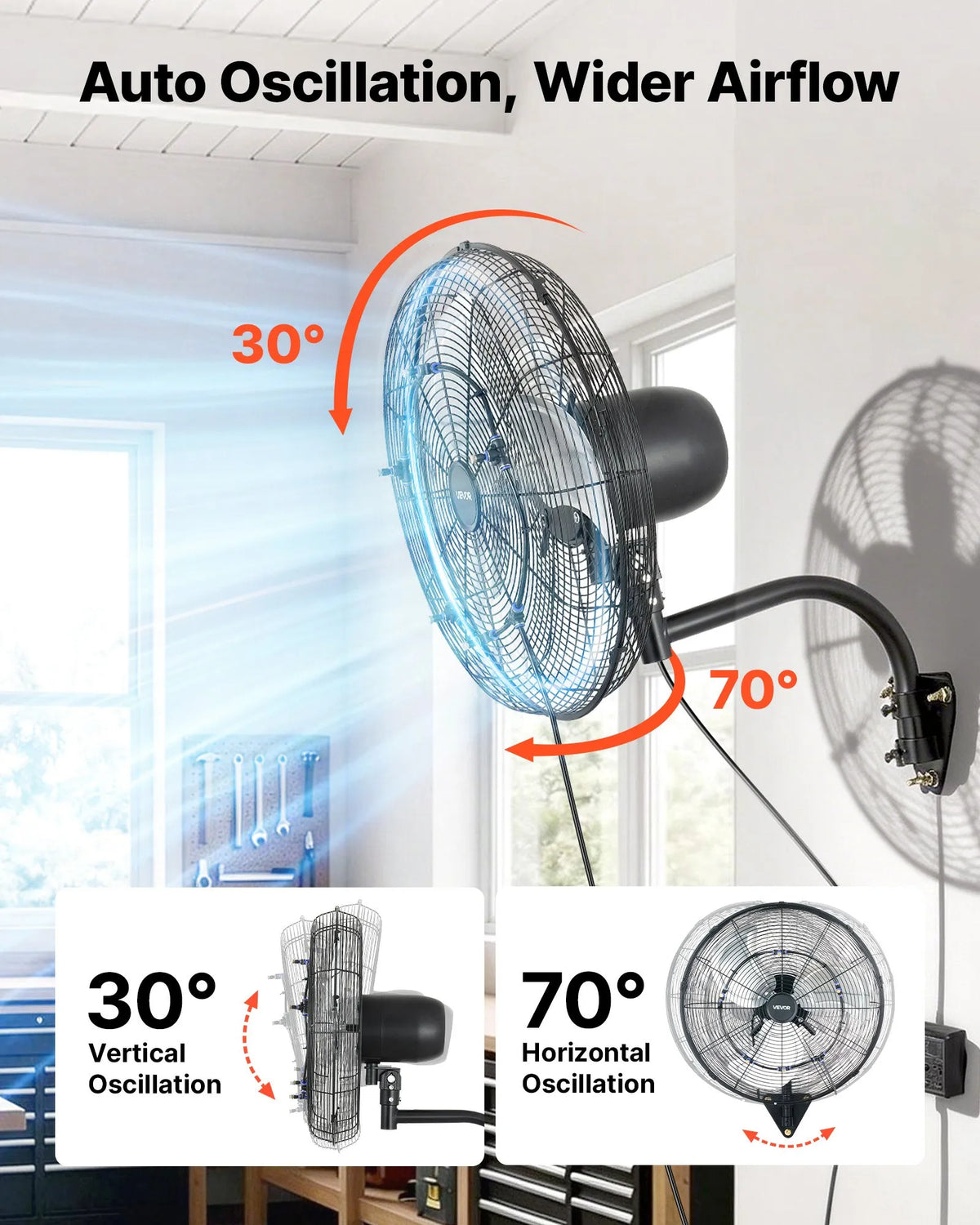 VEVOR Wall Fan, 505mm, with Oscillation and Misting Function, Remote Control, IP44, 3 Speeds, 18h Timer, Temperature Control, for Industrial, Commercial, Garage, Workshop and Gym Use