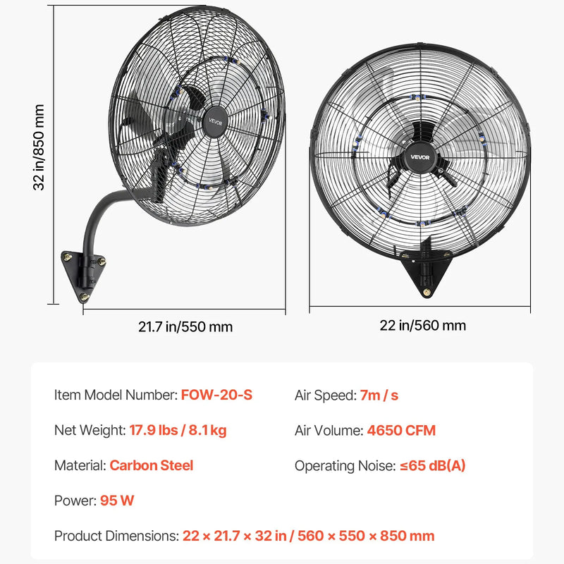 VEVOR sienas ventilators, 505mm, ar svārstību un miglas funkciju, tālvadības pulti, IP44, 3 ātrumi, 18h taimeris, temperatūras kontrole, rūpniecībai, komerctelpām, garāžām, darbnīcām un sporta zālēm