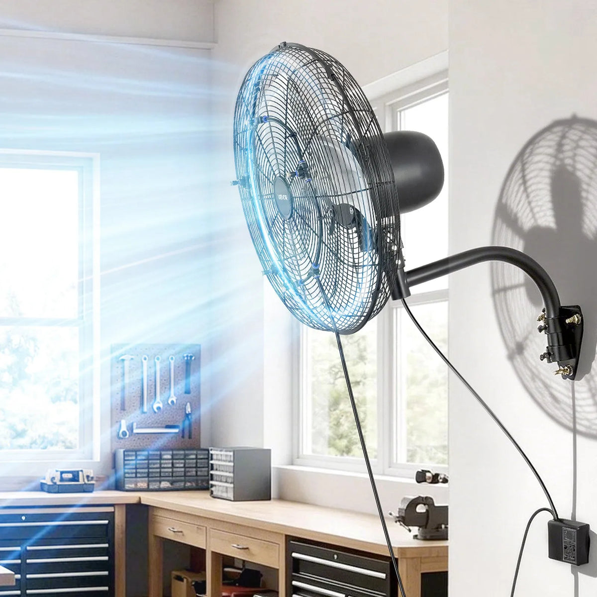 VEVOR Wall Fan, 505mm, with Oscillation and Misting Function, Remote Control, IP44, 3 Speeds, 18h Timer, Temperature Control, for Industrial, Commercial, Garage, Workshop and Gym Use