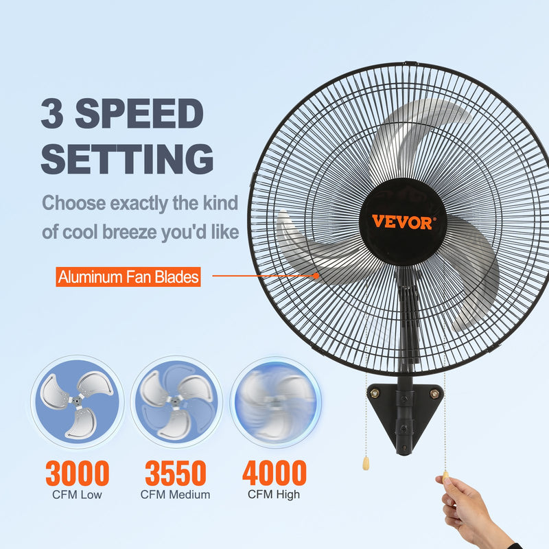 VEVOR 73W sienas ventilators, metāla, 44.5 cm, 3 ātrumi, max jauda 4000 CFM