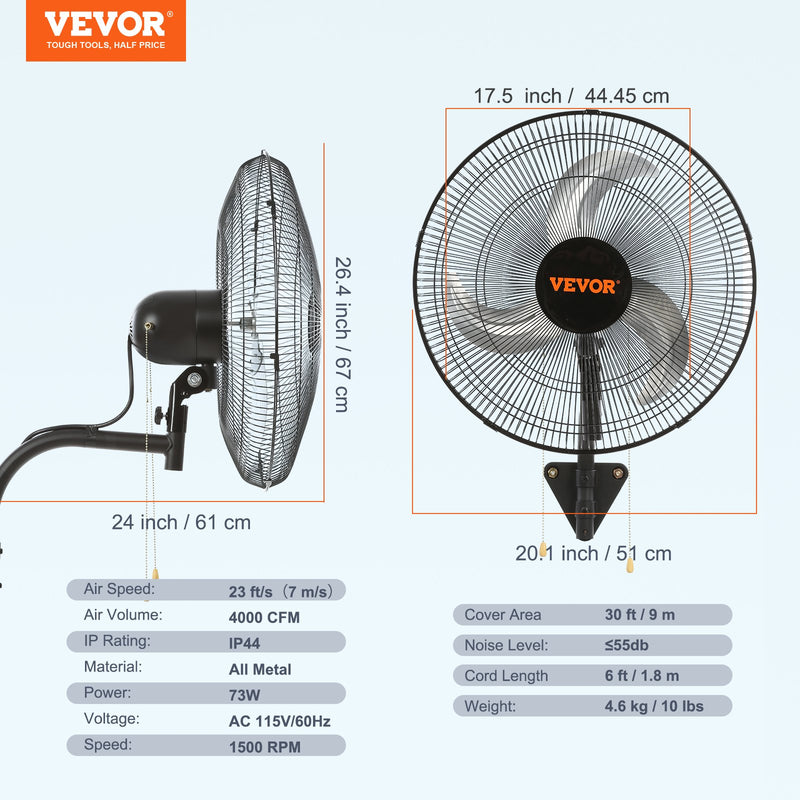 VEVOR 73W sienas ventilators, metāla, 44.5 cm, 3 ātrumi, max jauda 4000 CFM