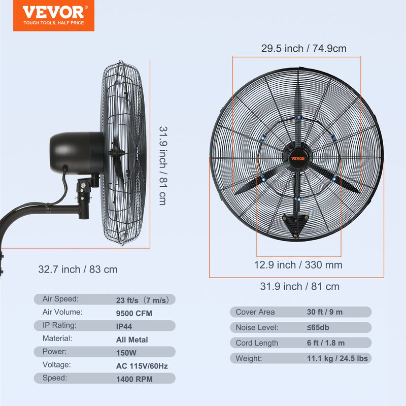 VEVOR Oscilējošs sienas ventilators ar miglu – 74,9 cm metāla ventilators ar 3 ātrumiem