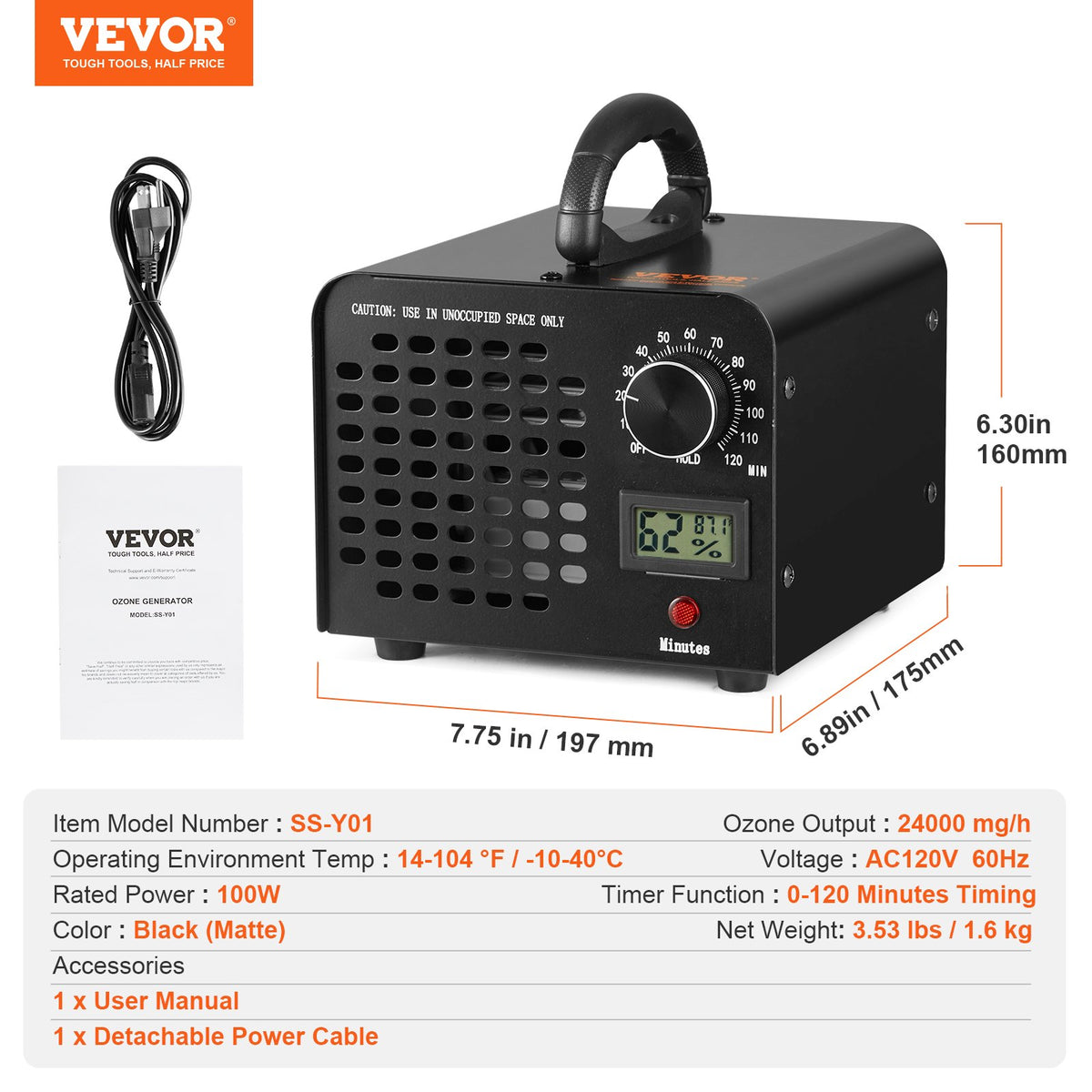 VEVOR Ozone Generator 24000 mg/h with 0–120 Minute Timer