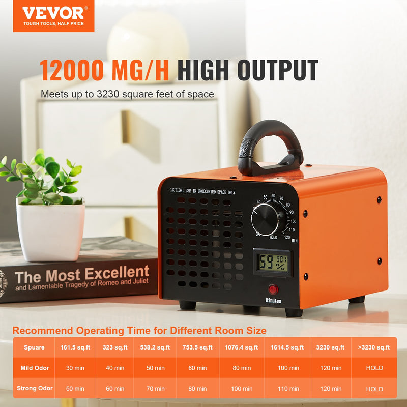 VEVOR ozona ģenerators 12 000 mg/h ar taimeri 0–120 min