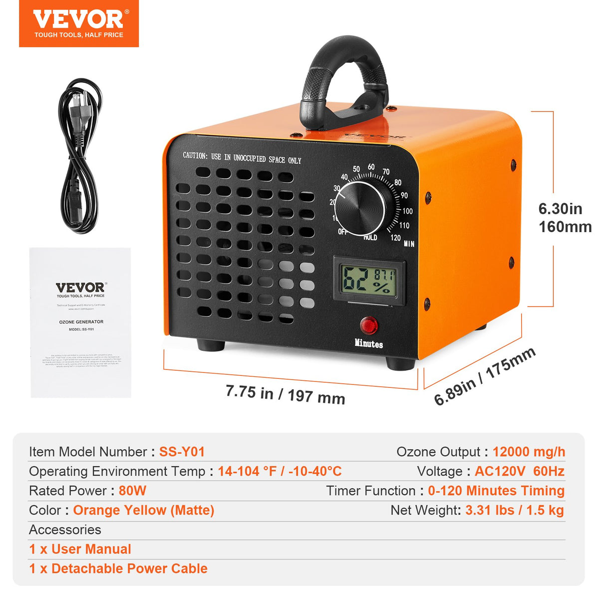 VEVOR ozona ģenerators 12 000 mg/h ar taimeri 0-120 min