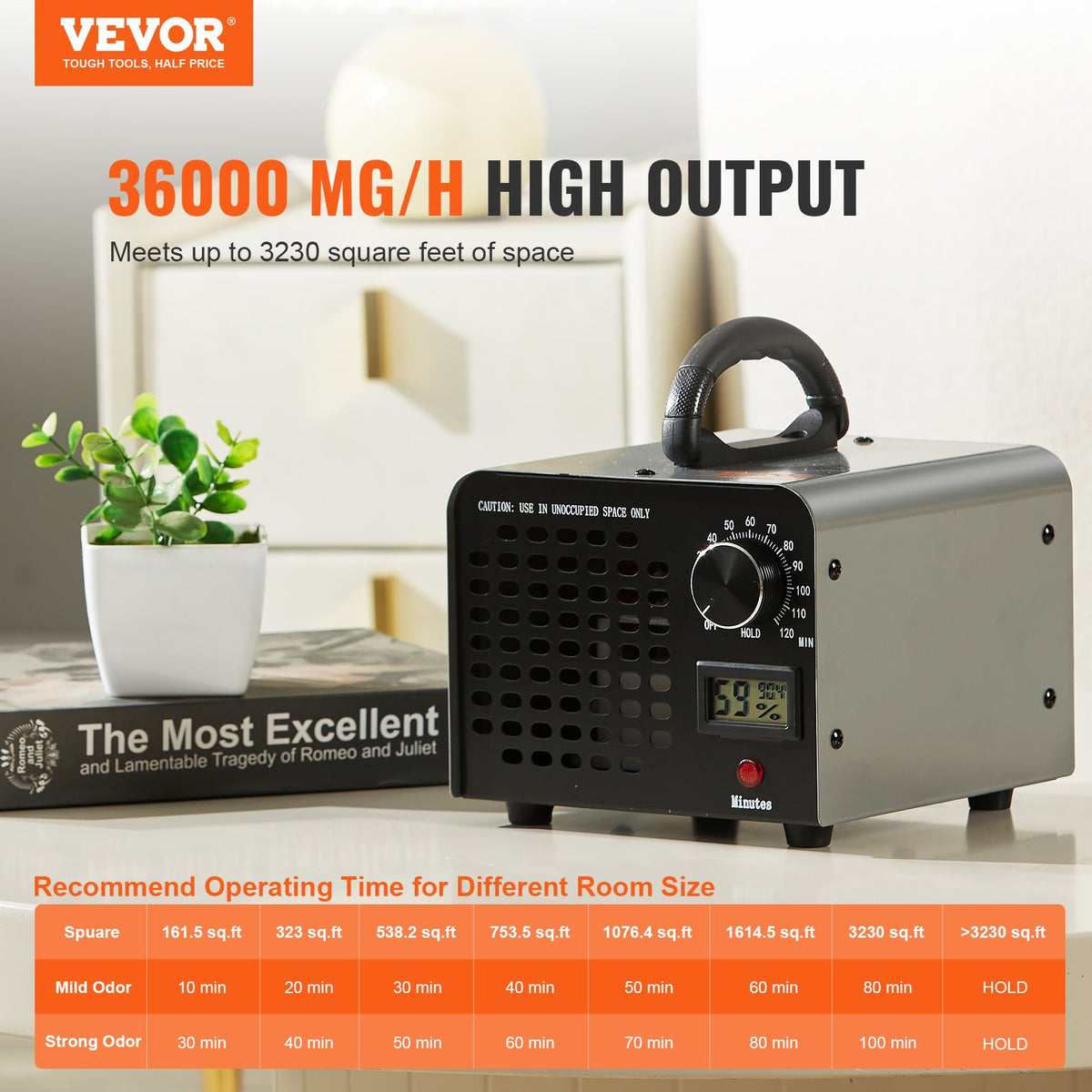 VEVOR Ozone Generator, 36,000 mg/h, Air Purifier and Odour Eliminator with 0-120 min Timer