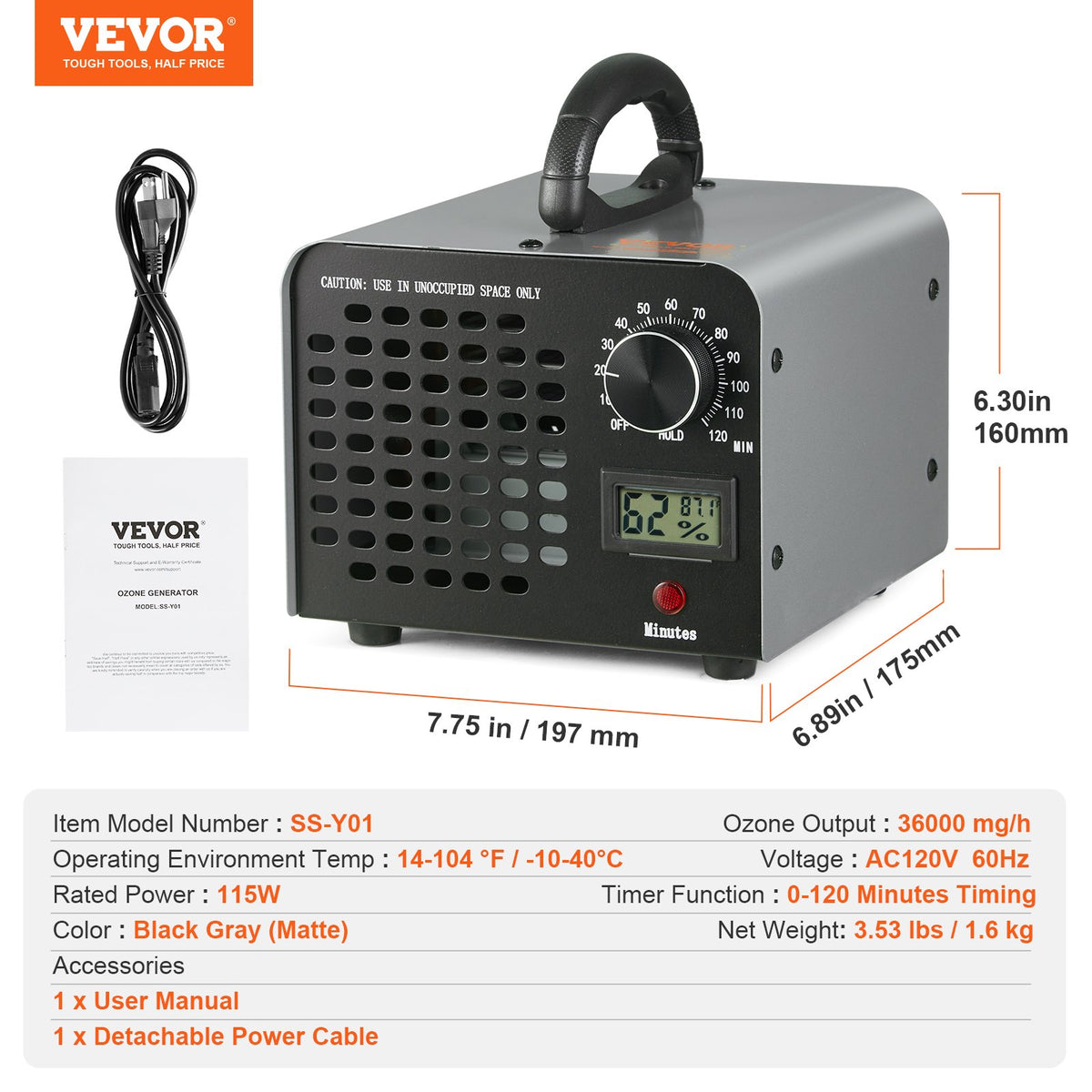 VEVOR Ozone Generator, 36,000 mg/h, Air Purifier and Odour Eliminator with 0-120 min Timer