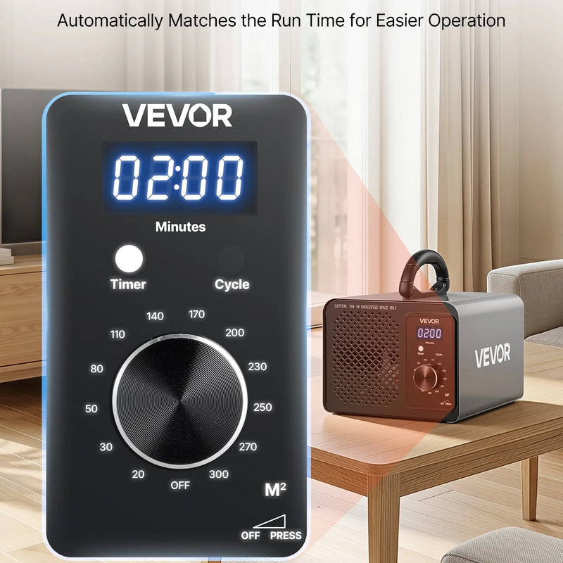 VEVOR ozona ģenerators 36 000 mg/h ar 15 sekunžu aizkavētu palaišanu, taimeri, rotācijas regulatoru un smaku apstrādes cikla režīmu automašīnām un telpām līdz 300 m²