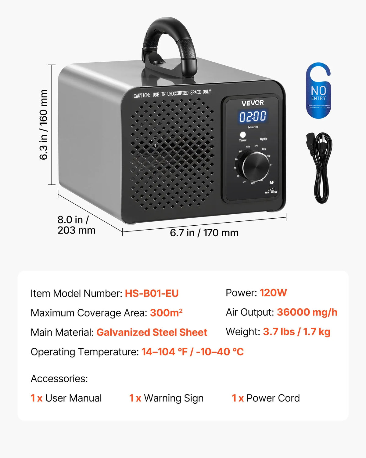 VEVOR Ozone Generator 36,000 mg/h with 15 Second Delay Start, Timer, Rotation Control and Odour Treatment Cycle Mode for Cars and Rooms up to 300 m²