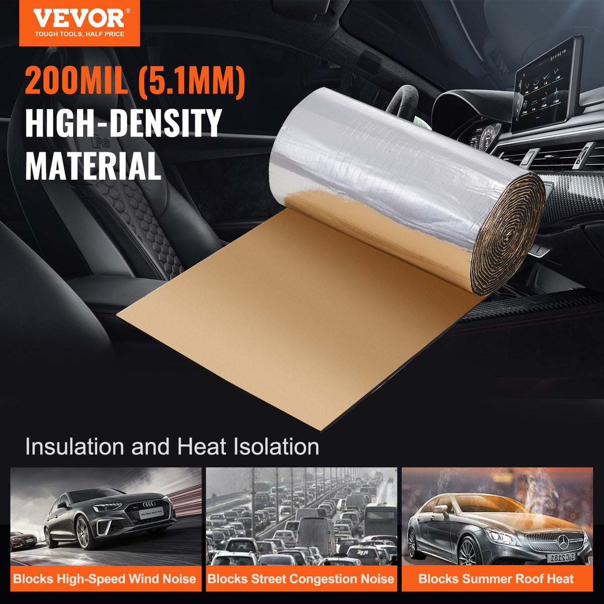 VEVOR Car Sound Insulation Mat – 5 mm Thick, 3.3 m² Noise Dampening and Thermal Insulation Material with High-Density Foam Layer and Waterproof Two-Layer Construction