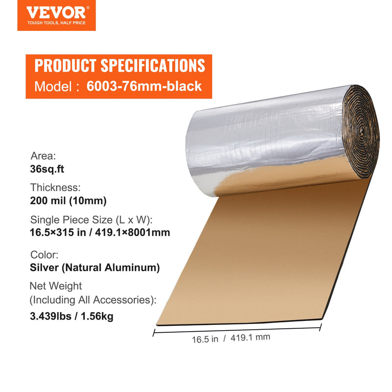 VEVOR automašīnas skaņas izolācijas paklājs – 5 mm biezs, 3,3 m² trokšņa slāpēšanas un siltumizolācijas materiāls ar augstas blīvuma putu slāni un ūdensdrošu divslāņu konstrukciju