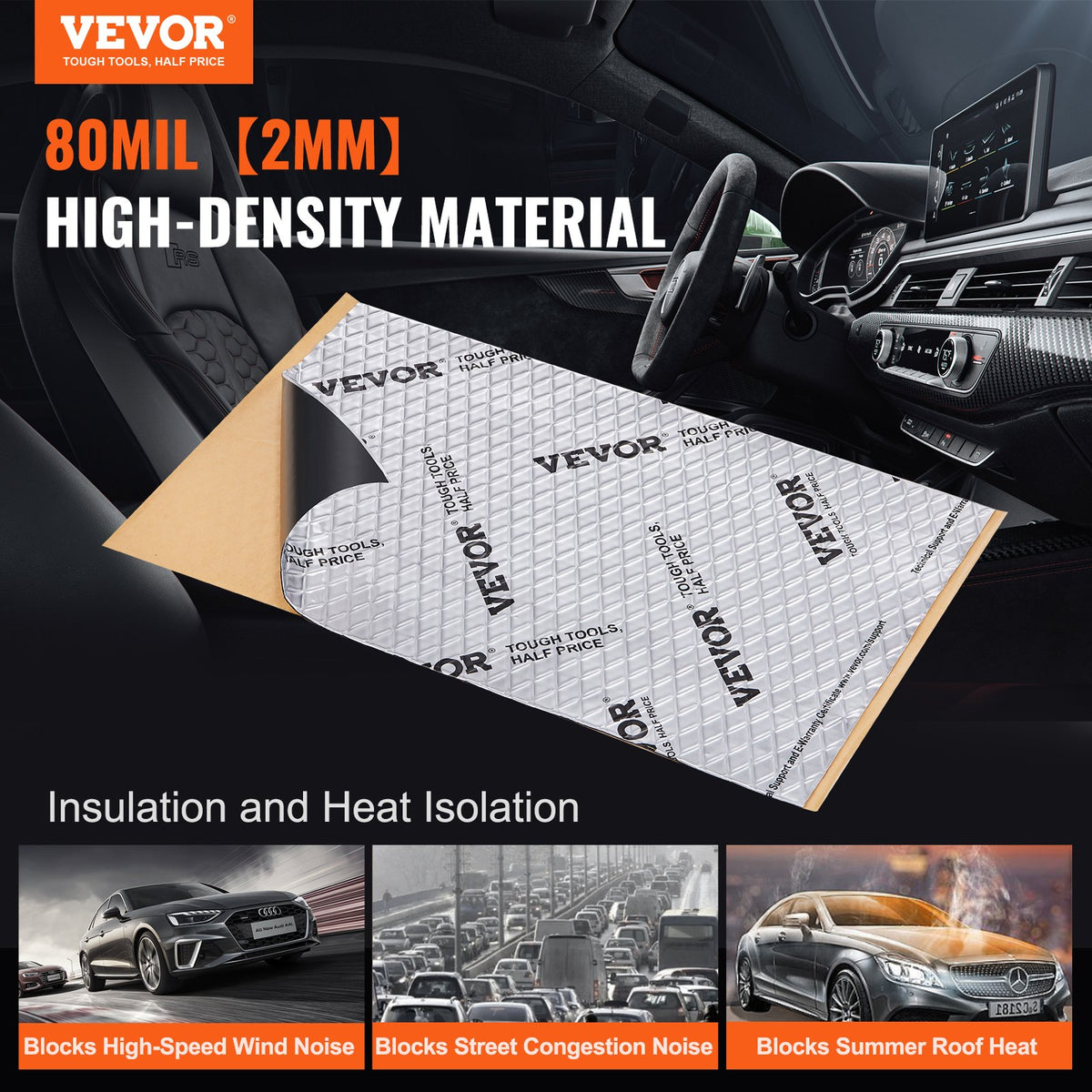 VEVOR Car Sound Deadening Mat, 80 mil, 3.3 m², Butyl Noise Insulator for Cars, Vibration Damping Material
