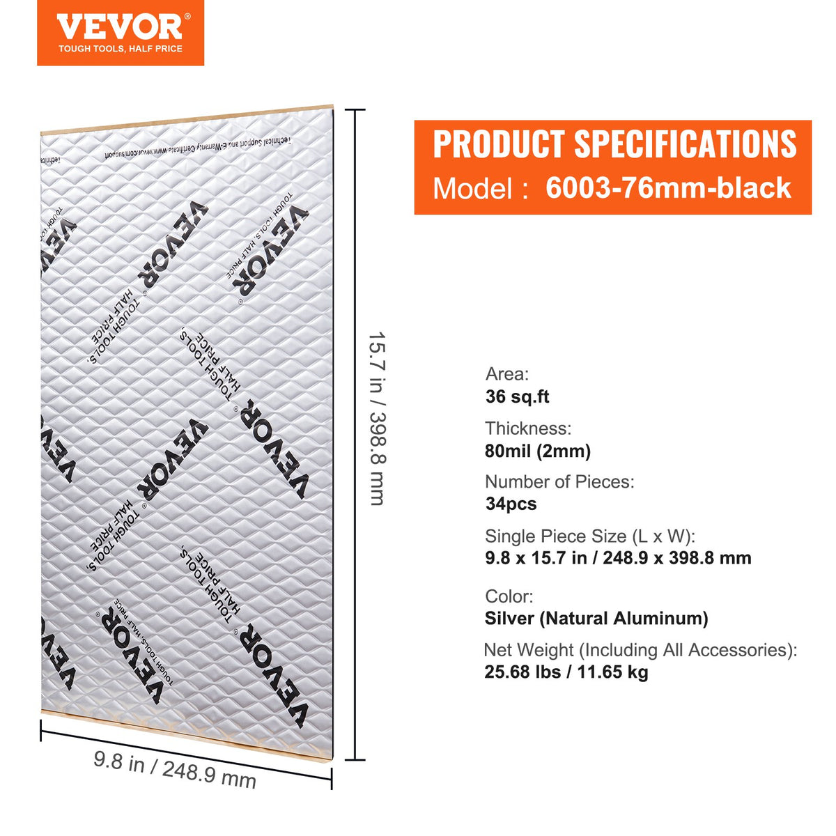 VEVOR Car Sound Deadening Mat, 80 mil, 3.3 m², Butyl Noise Insulator for Cars, Vibration Damping Material