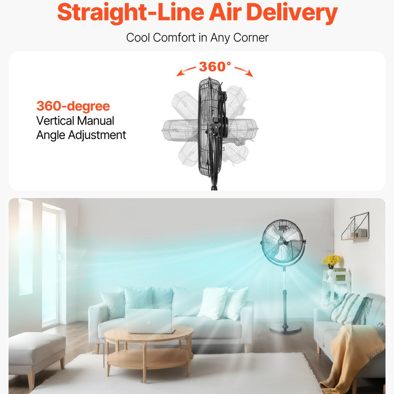 VEVOR rūpnieciskais statīva ventilaatorid, 3 ātrumi, augstums regulējams nr 115 līdz 147 cm