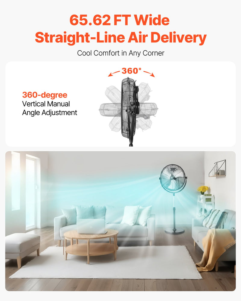 VEVOR rūpnieciskais statīva ventilators, 3 ātrumi, augstums regulējams no 115 līdz 147 cm