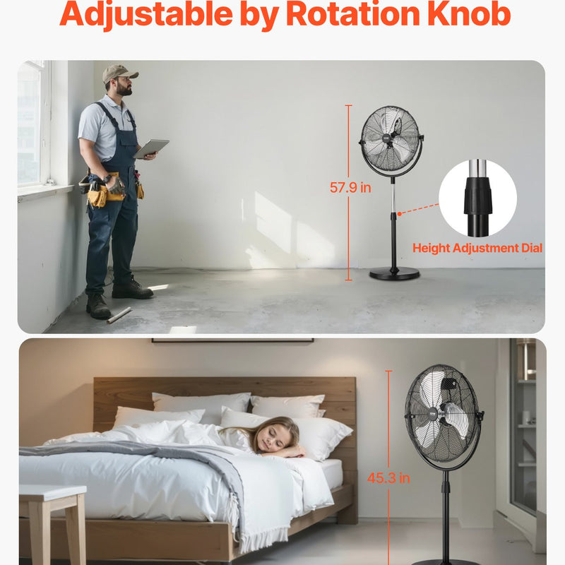 VEVOR rūpnieciskais statīva ventilaatorid, 3 ātrumi, augstums regulējams nr 115 līdz 147 cm