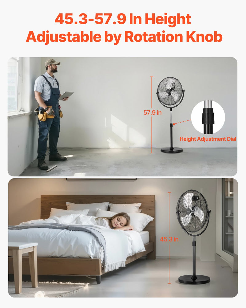 VEVOR rūpnieciskais statīva ventilators, 3 ātrumi, augstums regulējams no 115 līdz 147 cm