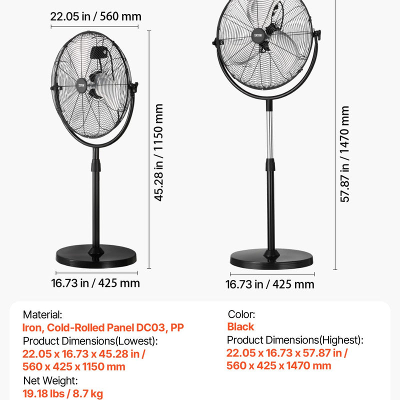 VEVOR rūpnieciskais statīva ventilaatorid, 3 ātrumi, augstums regulējams nr 115 līdz 147 cm