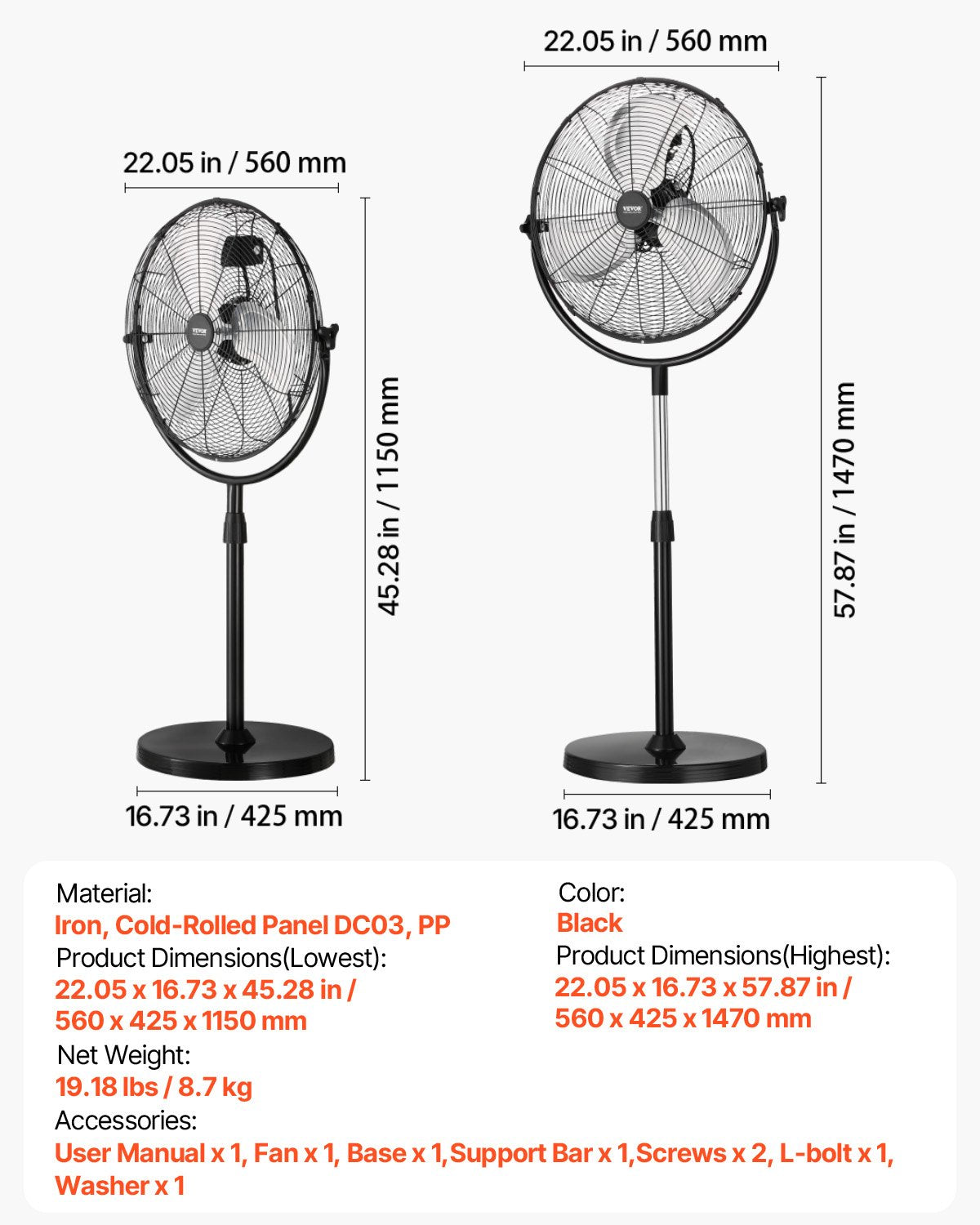 VEVOR rūpnieciskais statīva ventilators, 3 ātrumi, augstums regulējams no 115 līdz 147 cm