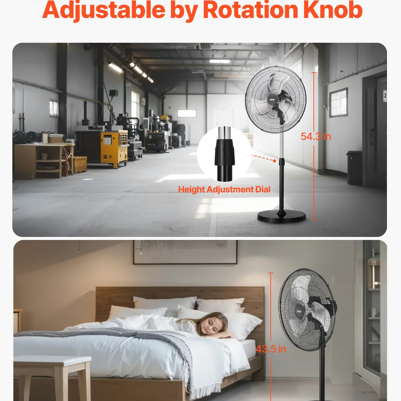 VEVOR 50 cm rūpnieciskais stāvošais ventilaatorid, 3 ātrumi, oscilējošs, augstuma regulēšana