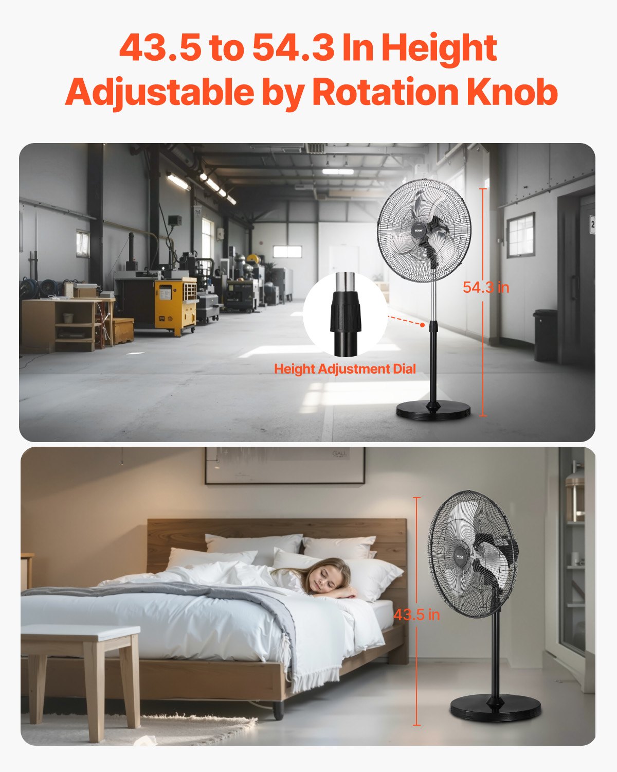 VEVOR 50 cm rūpnieciskais stāvošais ventilaatorid, 3 ātrumi, oscilējošs, augstuma regulēšana