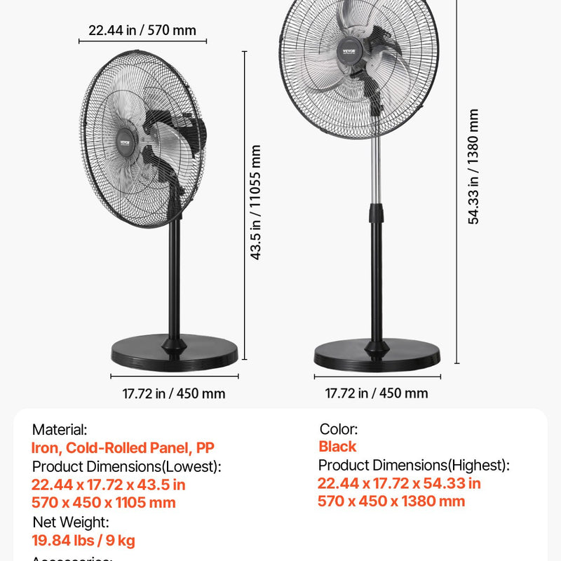 VEVOR 50 cm rūpnieciskais stāvošais ventilaatorid, 3 ātrumi, oscilējošs, augstuma regulēšana