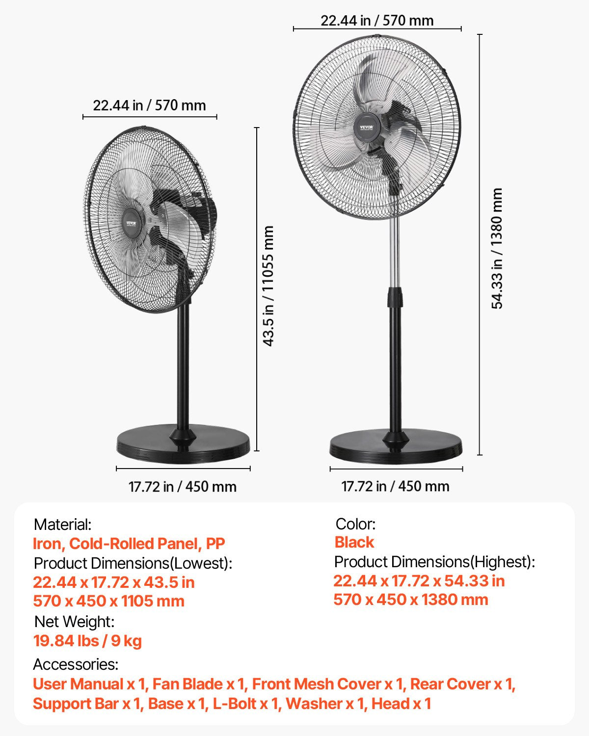 VEVOR 50 cm rūpnieciskais stāvošais ventilaatorid, 3 ātrumi, oscilējošs, augstuma regulēšana
