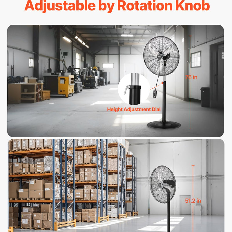 VEVOR 61 cm rūpnieciskais statīva ventilaatorid, 3 ātrumi, svārstīgs, regulējams augstums