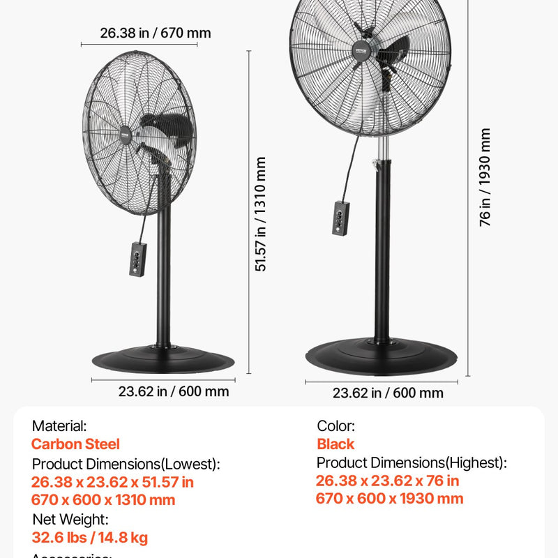 VEVOR 61 cm rūpnieciskais statīva ventilaatorid, 3 ātrumi, svārstīgs, regulējams augstums