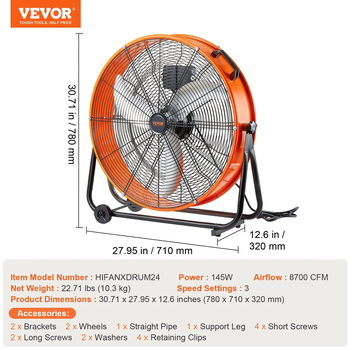 Rūpnieciskais grīdas ventilators 61 cm, 3 ātrumi, taimeris, noliktavām