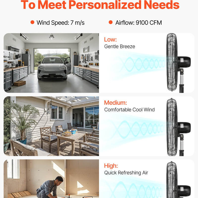 VEVOR 76 cm Industriālais stāvošais ventilators ar 3 ātrumiem, oscilējošs, ar augstuma regulēšanu