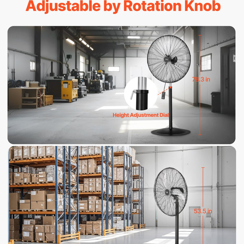 VEVOR 76 cm Industriālais stāvošais ventilators ar 3 ātrumiem, oscilējošs, ar augstuma regulēšanu