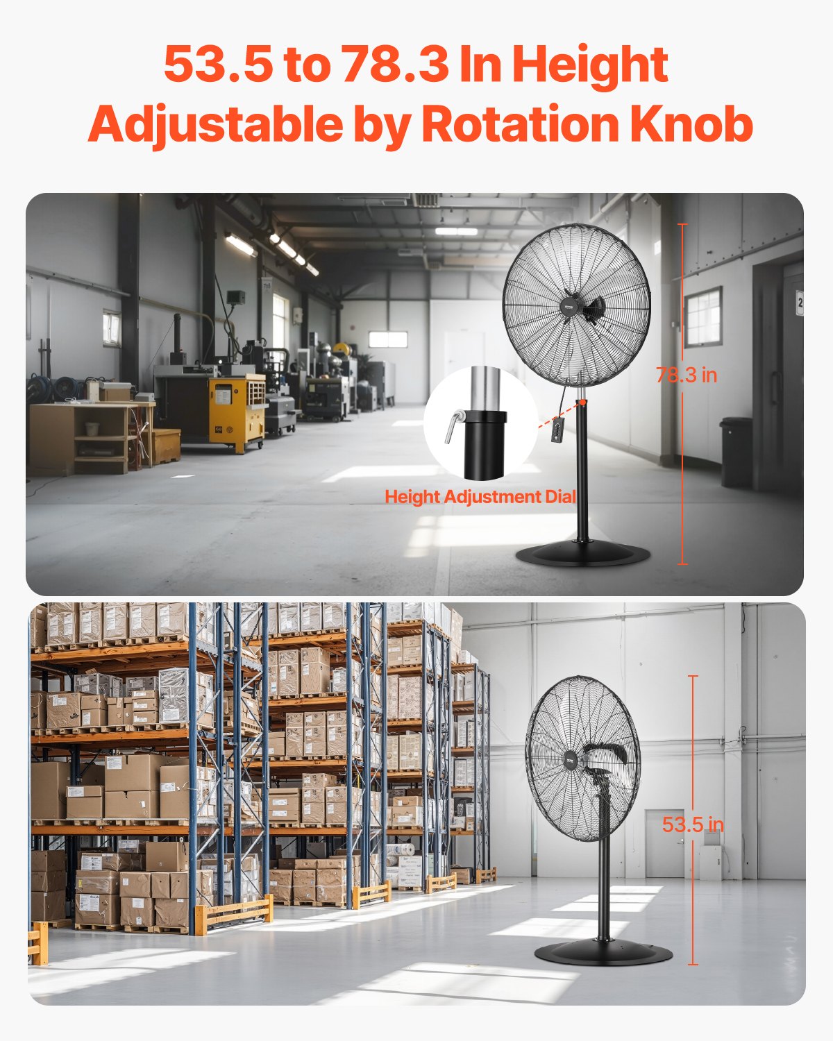 VEVOR 76 cm Industriālais stāvošais ventilators ar 3 ātrumiem, oscilējošs, ar augstuma regulēšanu