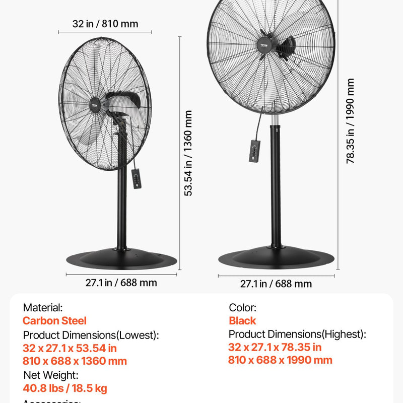 VEVOR 76 cm Industriālais stāvošais ventilators ar 3 ātrumiem, oscilējošs, ar augstuma regulēšanu