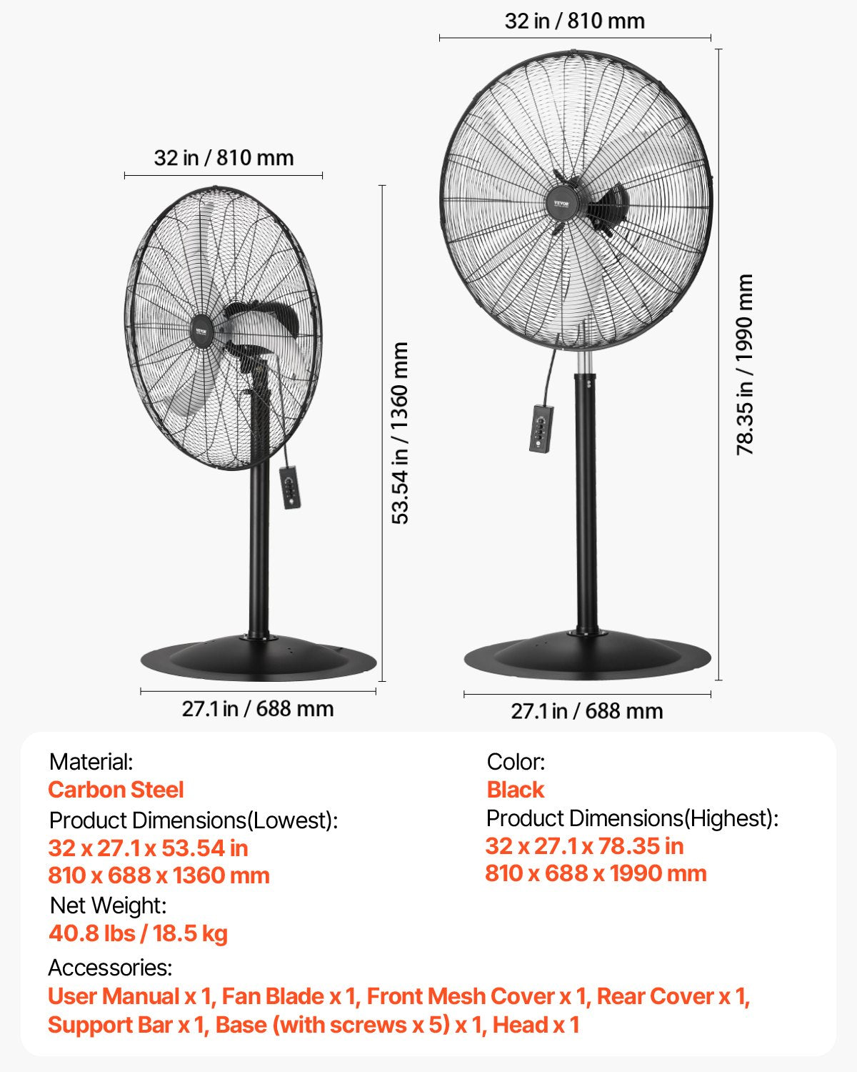 VEVOR 76 cm Industriālais stāvošais ventilators ar 3 ātrumiem, oscilējošs, ar augstuma regulēšanu