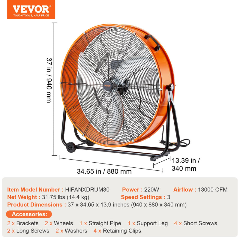 VEVOR 30 collu rūpnieciskais ventilaatorid, augstas plūsmas, 3 ātrumi, 13000 CFM, noliktavai